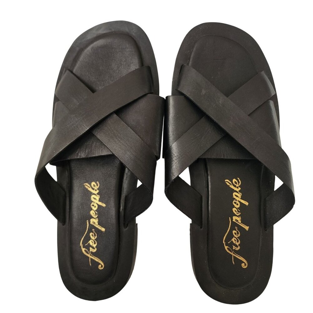 Free People Black Leather Cross Strap Sandals Size 38